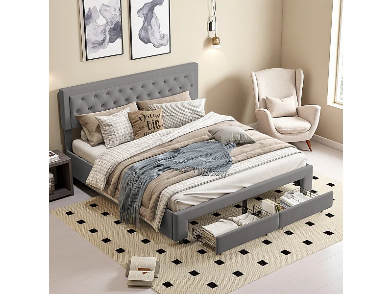 Lit double rembourré, 180 x 200 cm, hydraulique, avec espace de rangement,  sommier à lattes, velours, sans matelas, gris