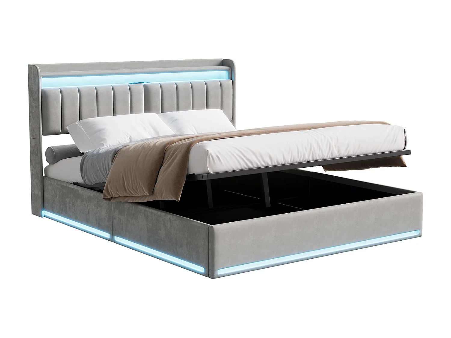 Lit Coffre 140x190 avec Sommier à Lattes et LED – Lit Capitonné Gris avec Tête de Lit avec Rangement