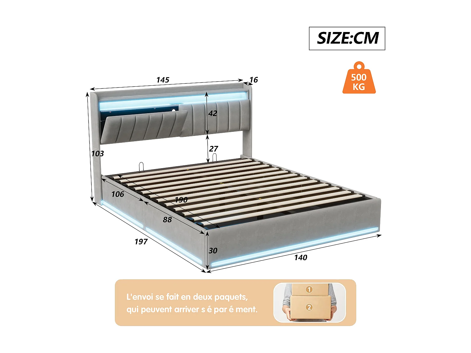 Lit Coffre 140x190 avec Sommier à Lattes et LED – Lit Capitonné Gris avec Tête de Lit avec Rangement