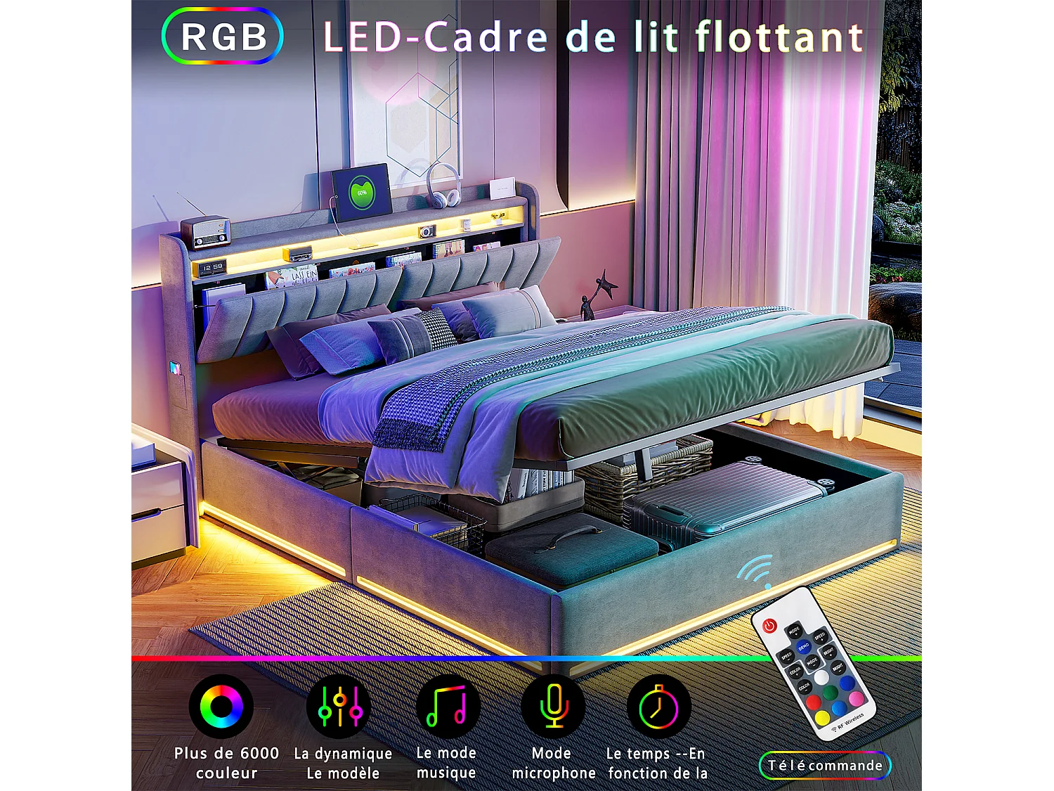 Lit Coffre 140x190 avec Sommier à Lattes et LED – Lit Capitonné Gris avec Tête de Lit avec Rangement