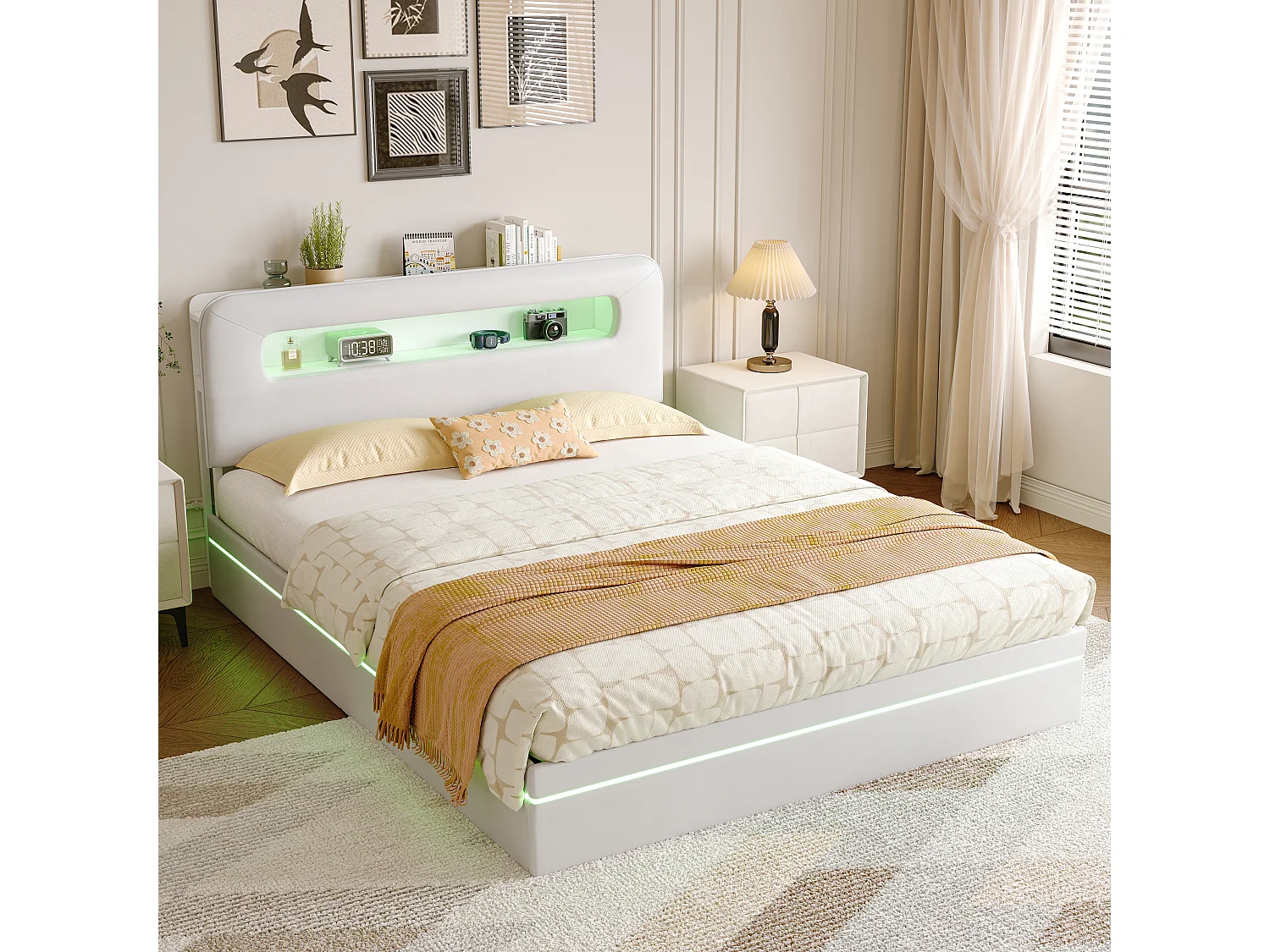 140 x 200 cm großes Bett mit Stauraum, LED-Beleuchtung, Lattenrost und Ablagefach, mit Ablage, Samtbezug, Beige