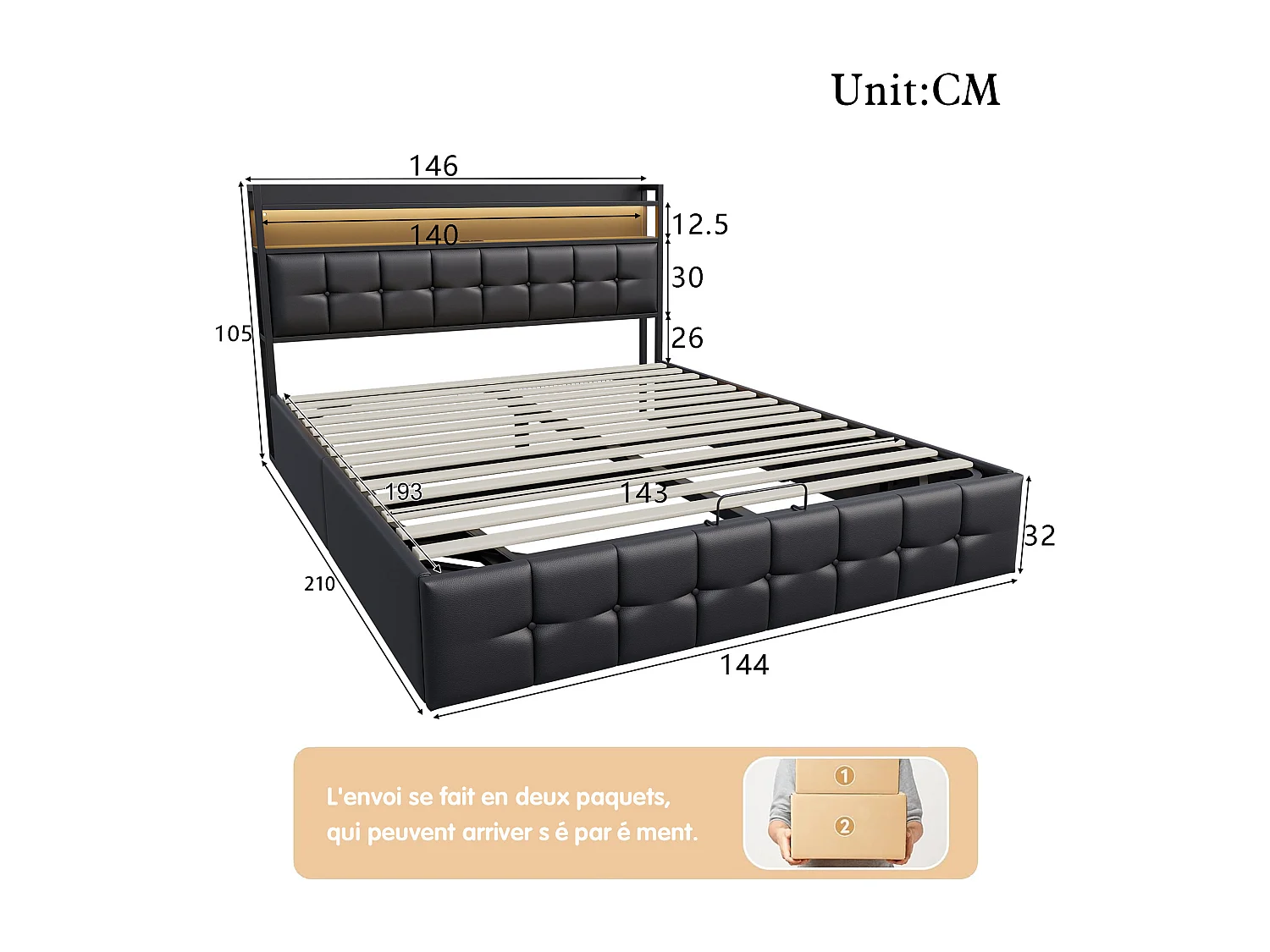 Lit Coffre 140 x 190 avec LED et USB, Sommier à Lattes,avec Hydraulique Rangement, PU, NOir