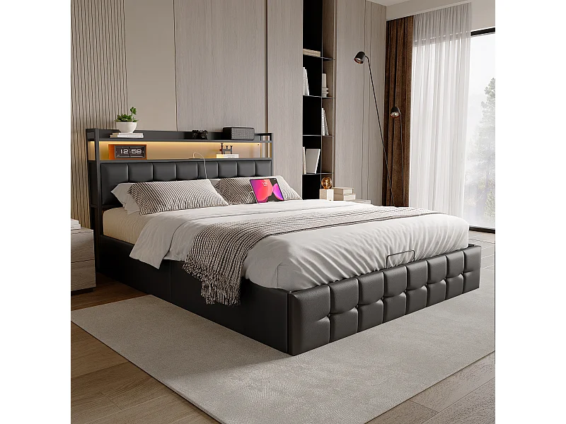 Lit Coffre 140 x 190 avec LED et USB, Sommier à Lattes,avec Hydraulique Rangement, PU, NOir