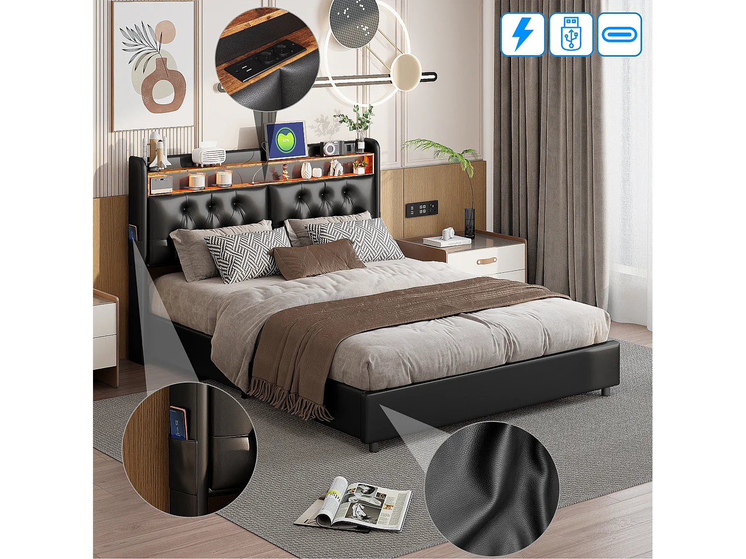 Letto contenitore 180x200 cm con illuminazione a LED, letto matrimoniale imbottito con porte di ricarica USB, similpelle, nero