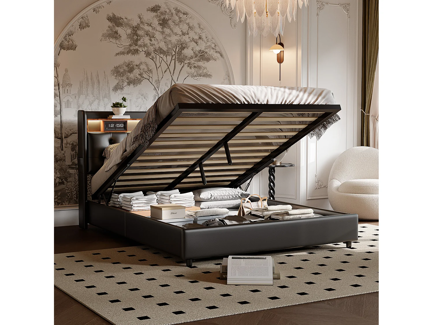 Letto contenitore 180x200 cm con illuminazione a LED, letto matrimoniale imbottito con porte di ricarica USB, similpelle, nero