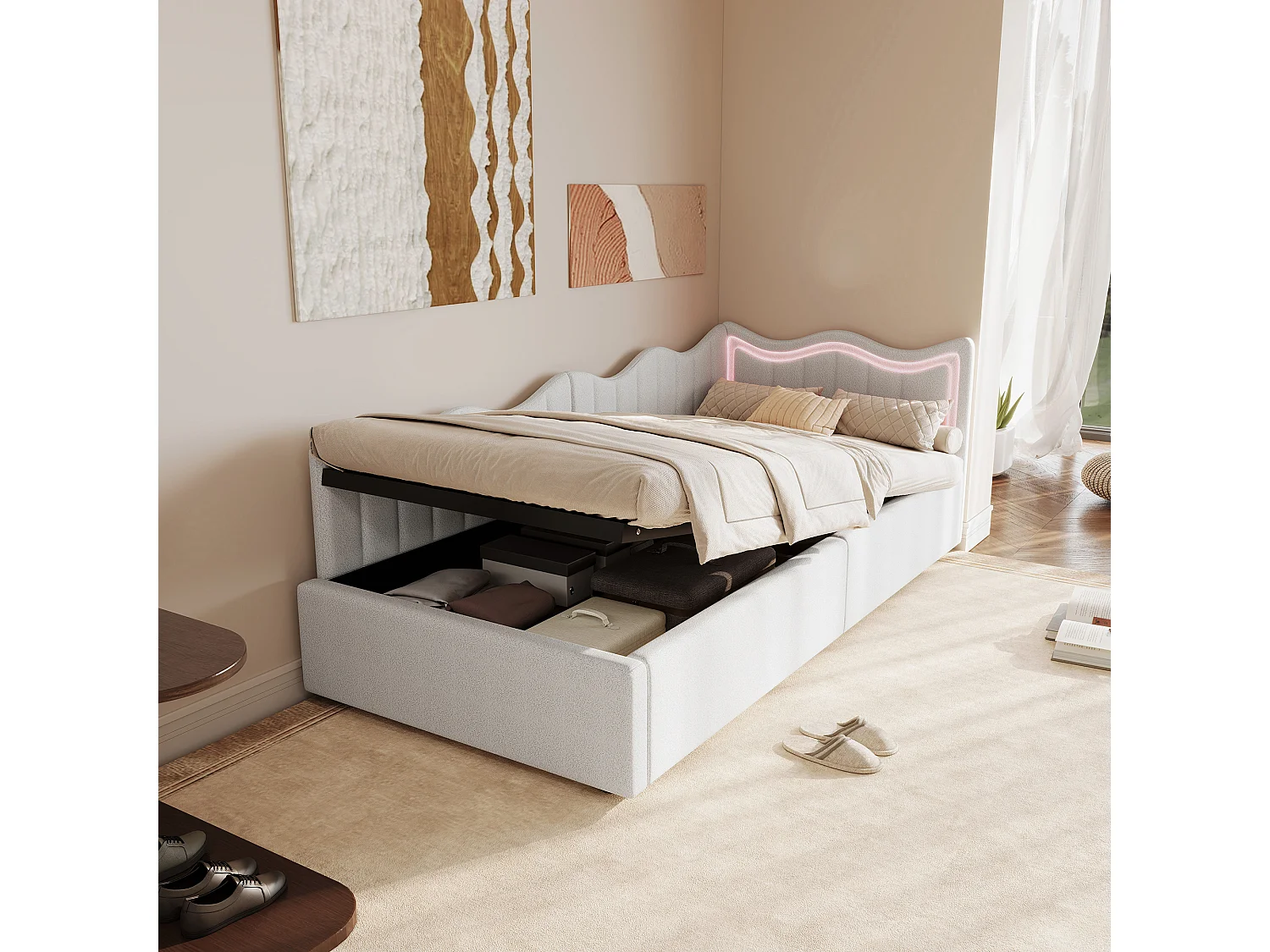 Letto contenitore in velluto bianco 90x200 cm, testiera ondulata con illuminazione a LED, rete a doghe in legno