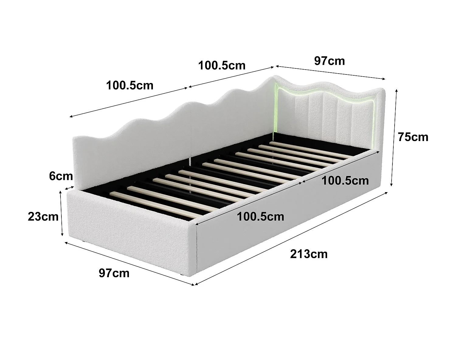 Letto contenitore in velluto bianco 90x200 cm, testiera ondulata con illuminazione a LED, rete a doghe in legno