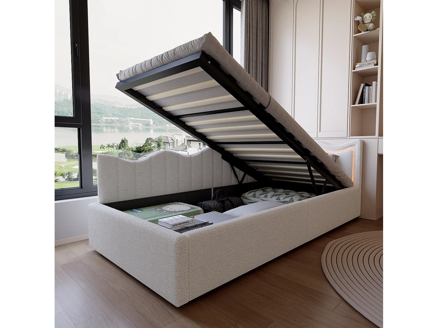 Letto contenitore in velluto bianco 90x200 cm, testiera ondulata con illuminazione a LED, rete a doghe in legno