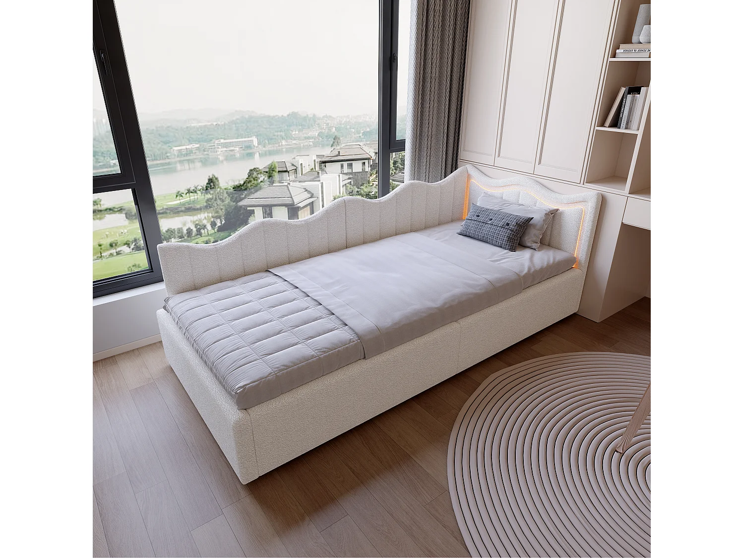 Letto contenitore in velluto bianco 90x200 cm, testiera ondulata con illuminazione a LED, rete a doghe in legno