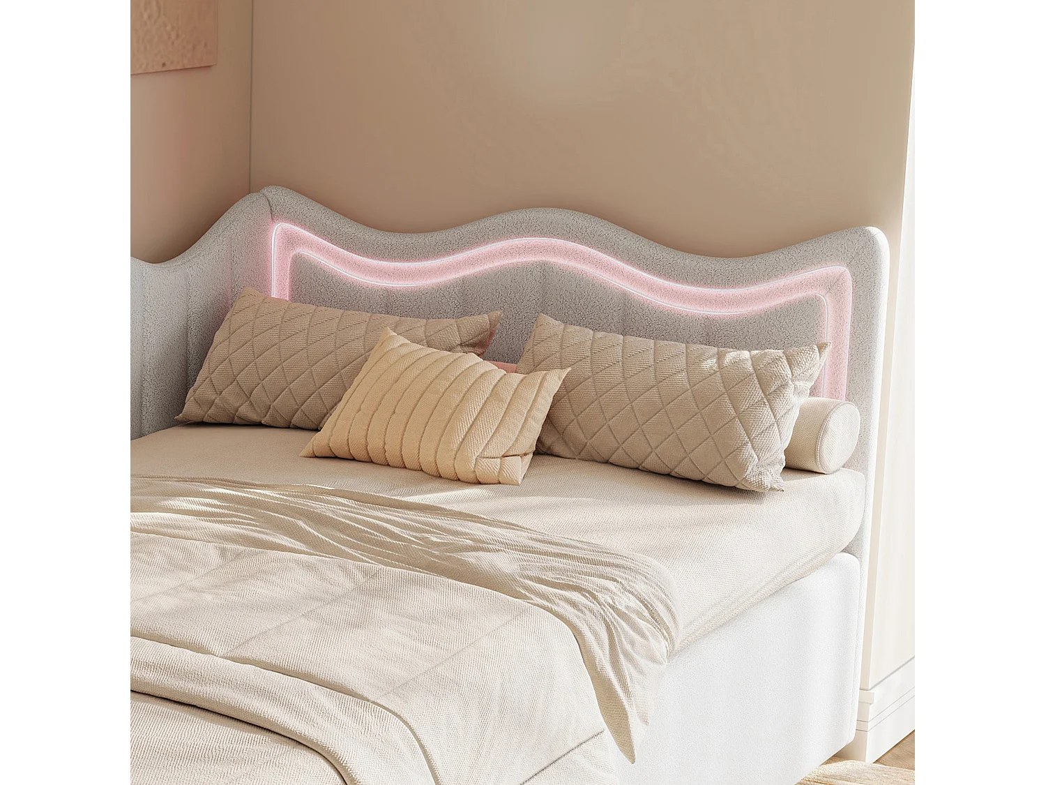 Letto contenitore in velluto bianco 90x200 cm, testiera ondulata con illuminazione a LED, rete a doghe in legno
