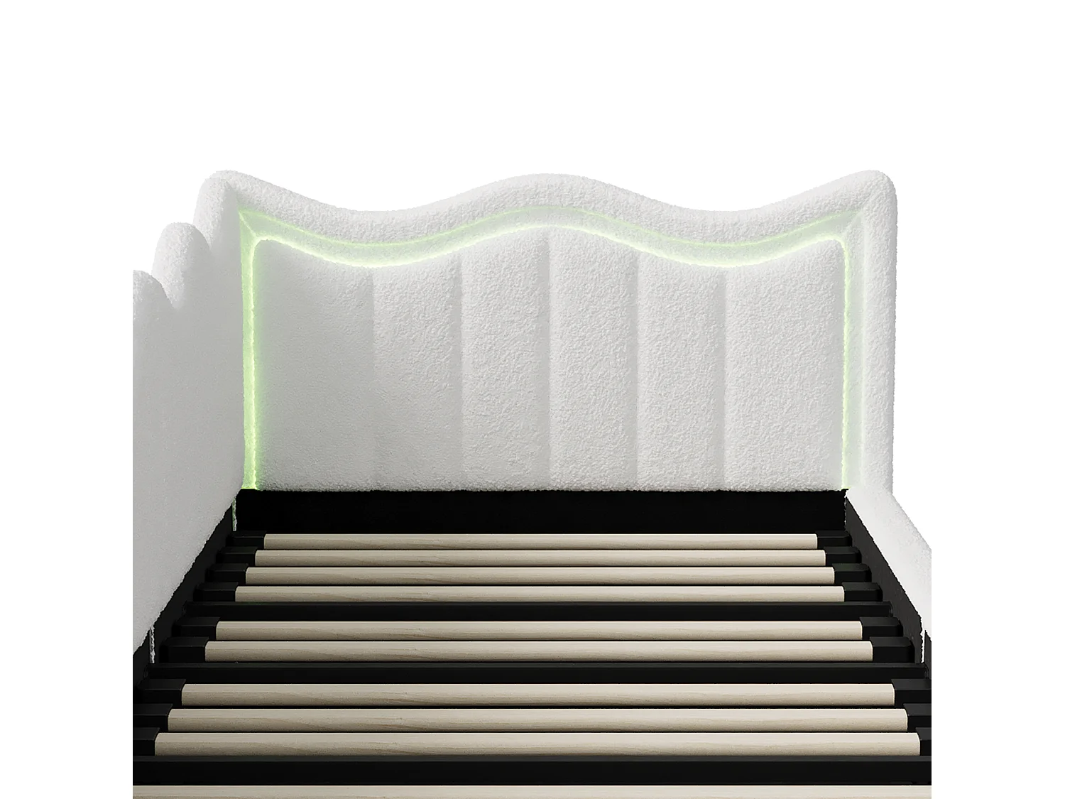Letto contenitore in velluto bianco 90x200 cm, testiera ondulata con illuminazione a LED, rete a doghe in legno