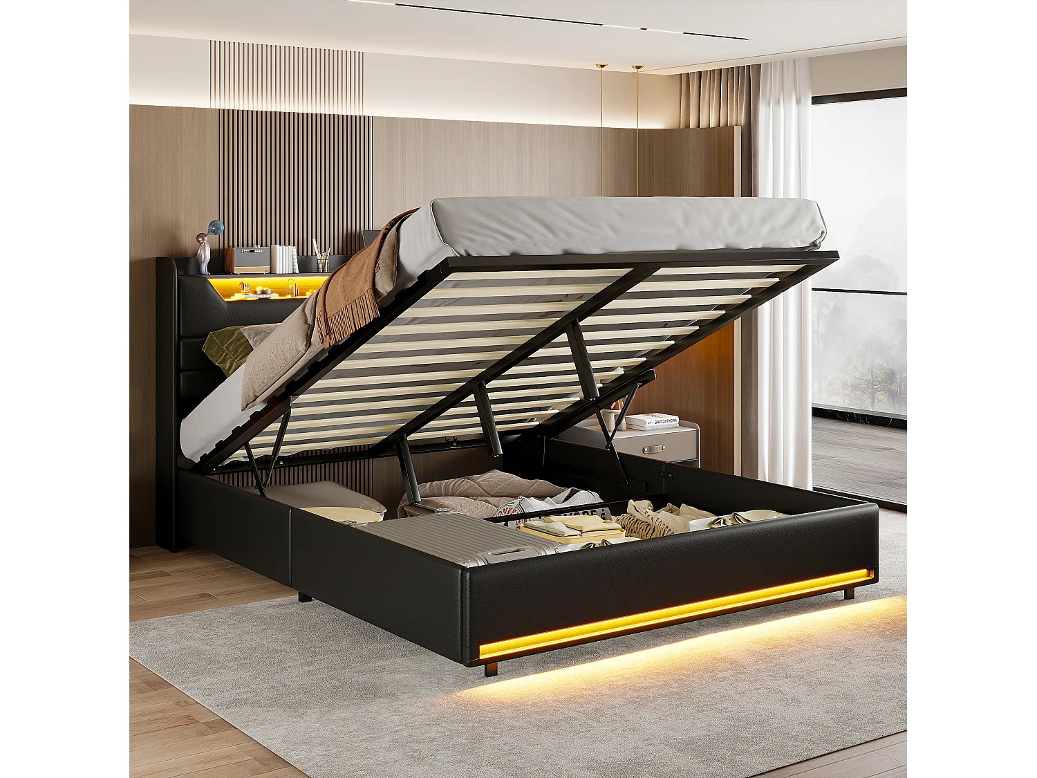 Letto 140x200 con contenitore idraulico, LED e porte USB, letto contenitore con rete a doghe, similpelle, nero