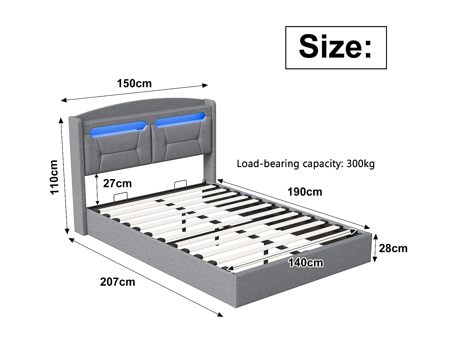 Letto contenitore 140 x 190 cm con rete a doghe e illuminazione a LED, con contenitore e testiera imbottita, grigio