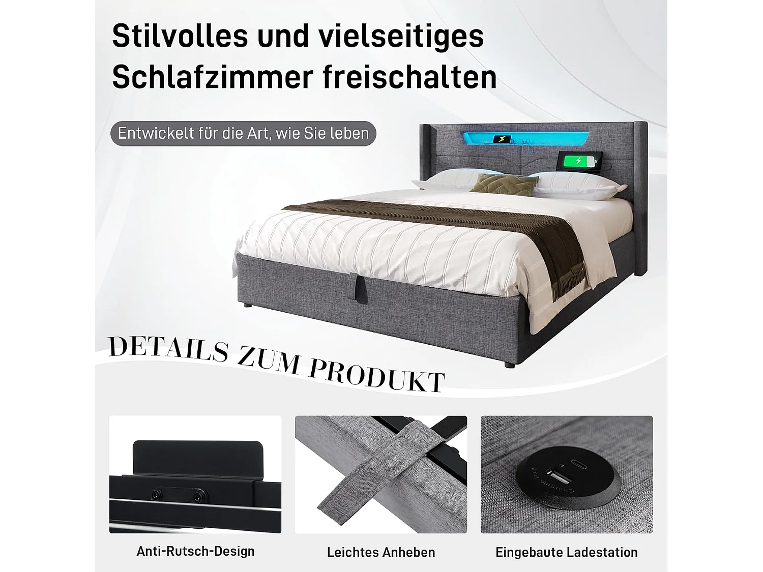 Letto contenitore 140 x 190 cm con rete a doghe e illuminazione a LED, con contenitore e testiera imbottita, grigio