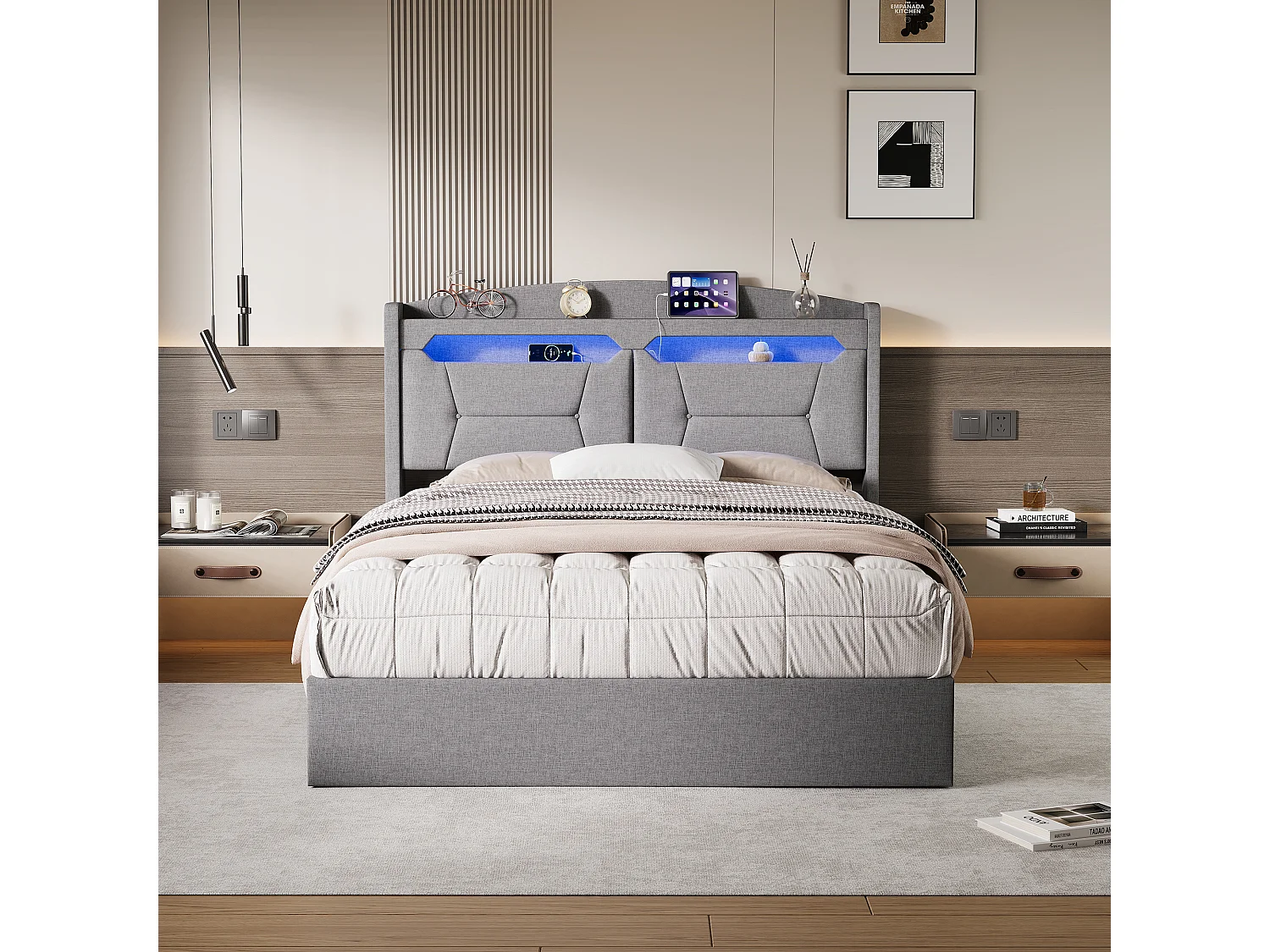 Letto contenitore 140 x 190 cm con rete a doghe e illuminazione a LED, con contenitore e testiera imbottita, grigio