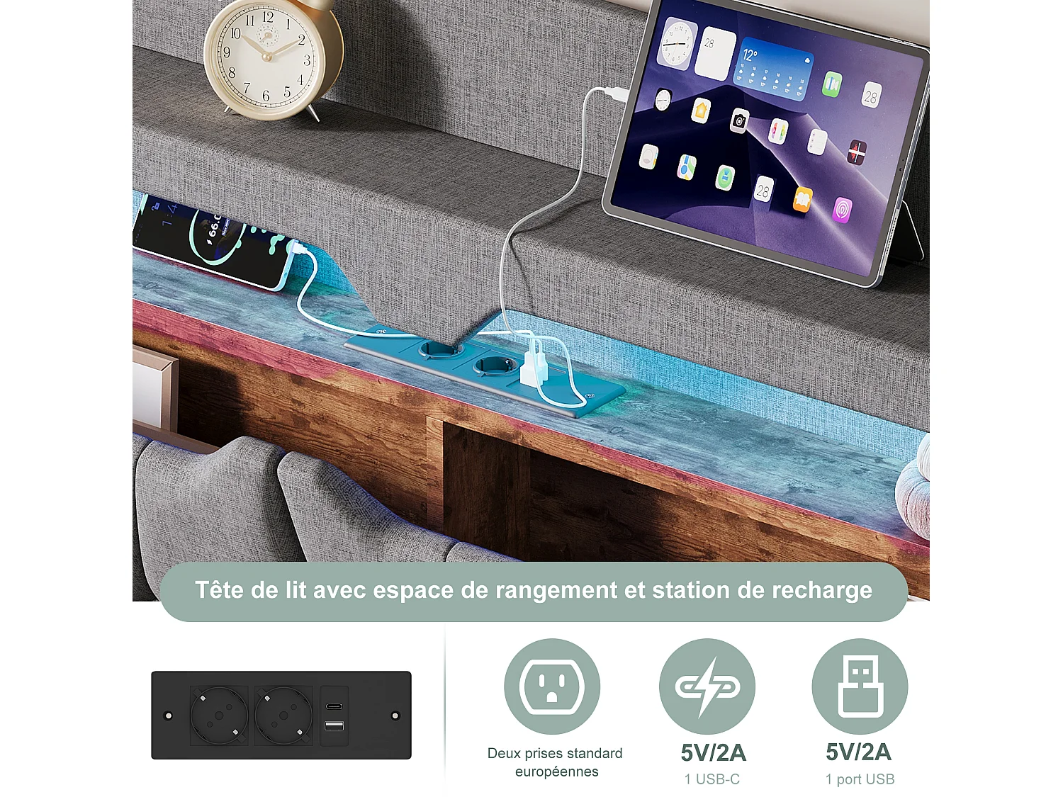 Letto contenitore 140 x 190 cm con rete a doghe e illuminazione a LED, con contenitore e testiera imbottita, grigio