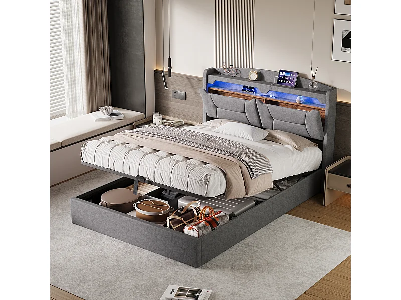 Letto contenitore 140 x 190 cm con rete a doghe e illuminazione a LED, con contenitore e testiera imbottita, grigio