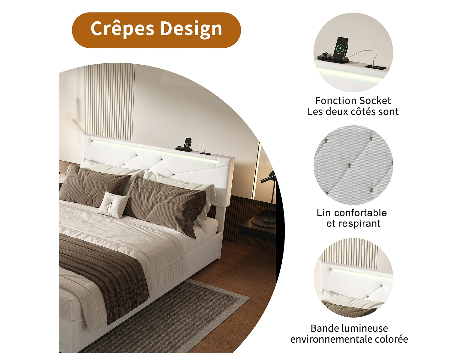 Lit Double 160 x 200 cm en Lin Beige avec LED Multicolore, Ports USB, Sommier à Lattes et Tête