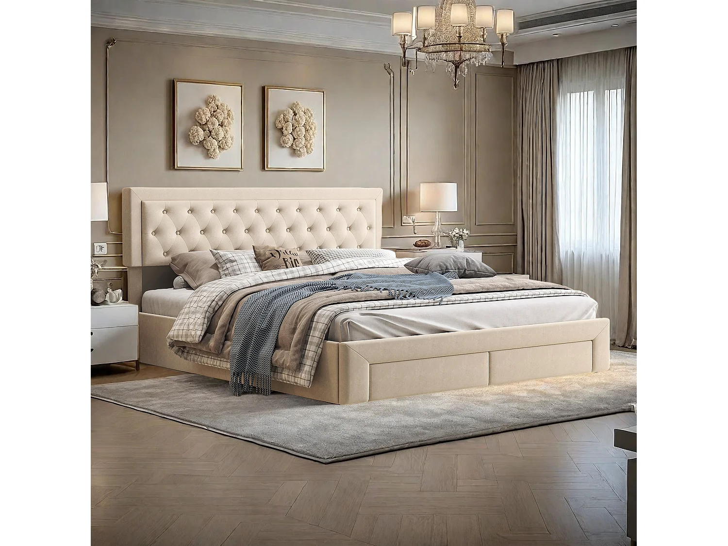 Lit double rembourré, 160 x 200 cm, hydraulique, avec espace de rangement, sommier à lattes, velours, sans matelas, Beige