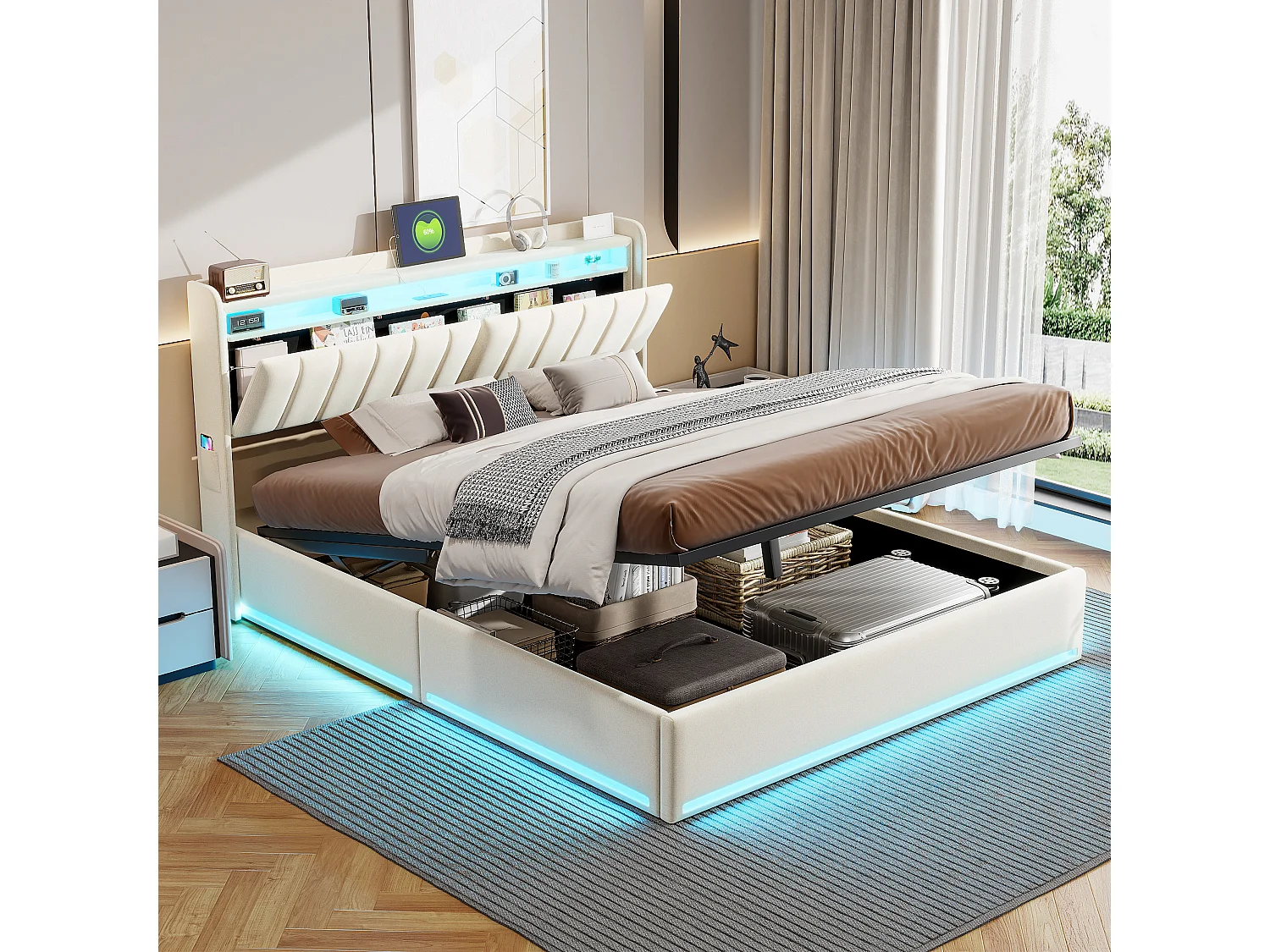 Lit Coffre 140x200 avec Sommier à Lattes et LED –  Capitonné beige avec Tête de Lit avec Rangement