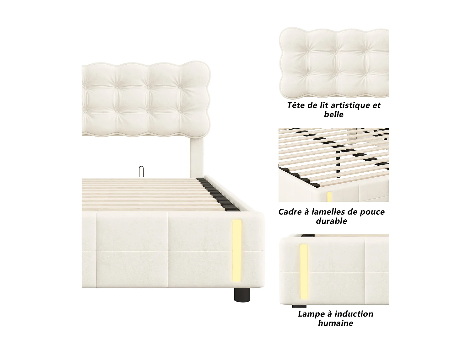 Lit Double capitonné 140x190 cm, Lit Coffre avec Rangement et sommier à Lattes, LED, Velours, Beige
