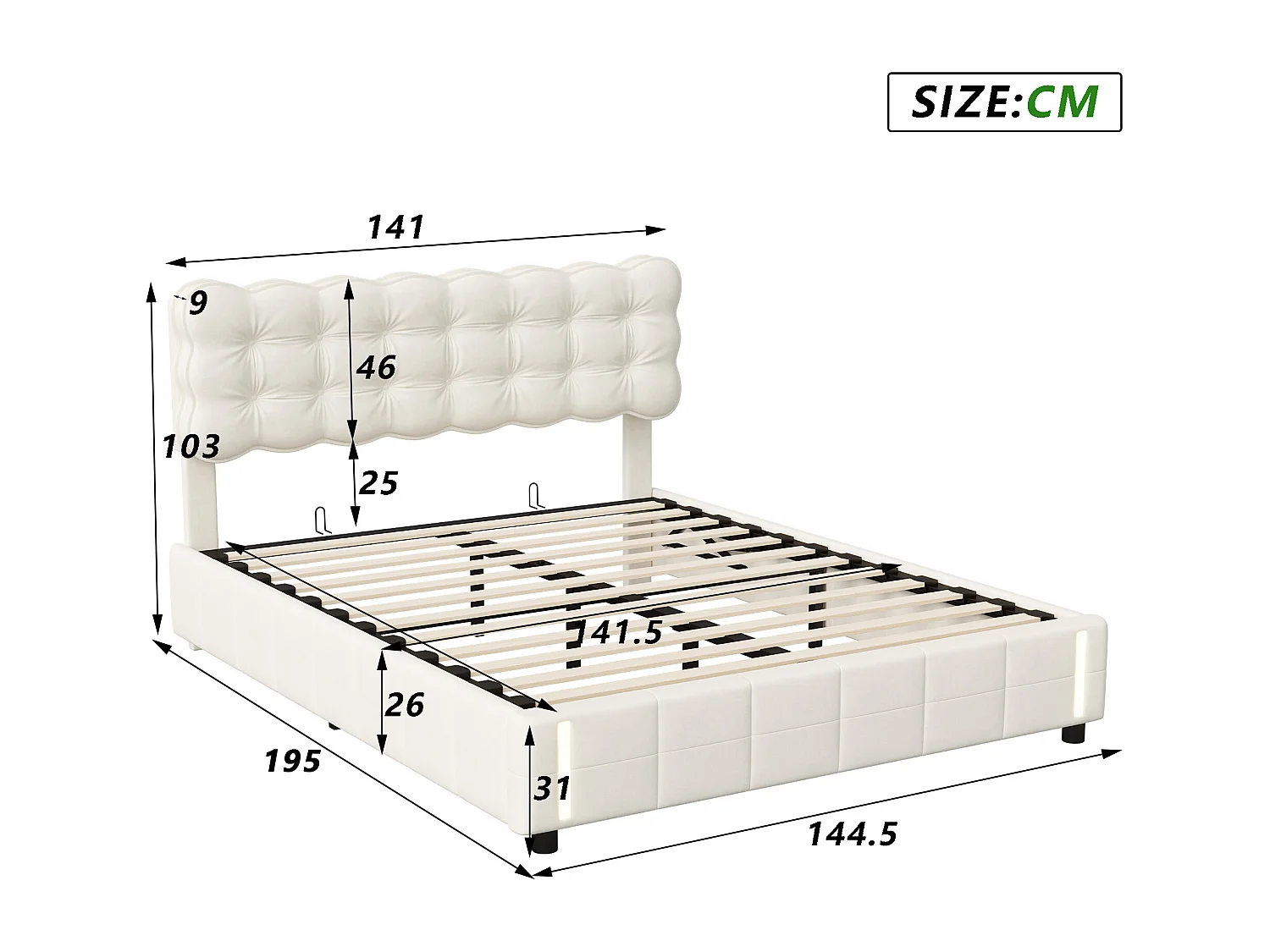 Letto matrimoniale imbottito 140x190 cm, letto contenitore con rete a doghe, illuminazione a LED, velluto, beige