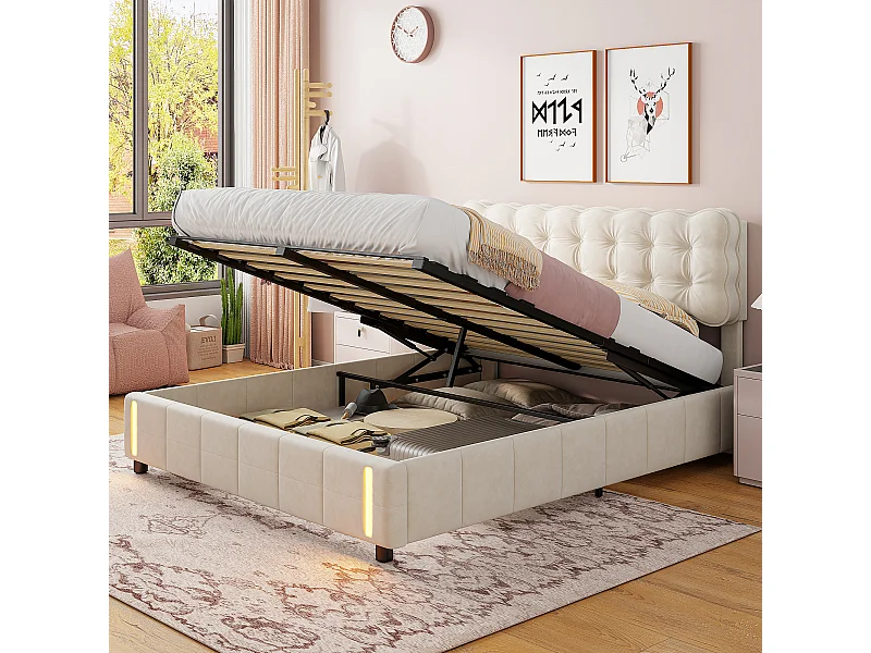 Lit Double capitonné 140x190 cm, Lit Coffre avec Rangement et sommier à Lattes, LED, Velours, Beige