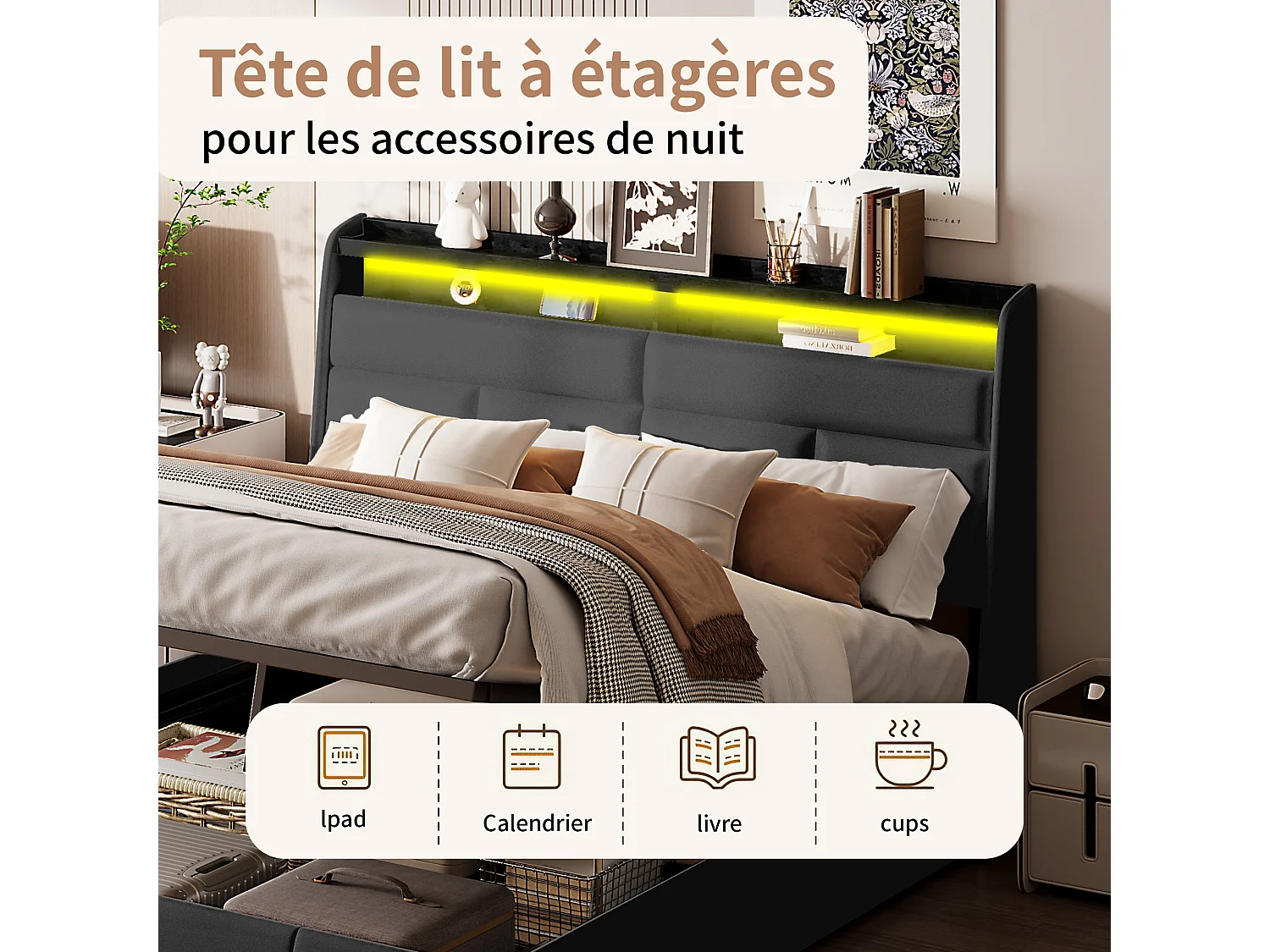 Letto contenitore 140 x 200 cm con rete a doghe, illuminazione a LED e porta USB, struttura letto imbottita con doghe, similpelle, nero