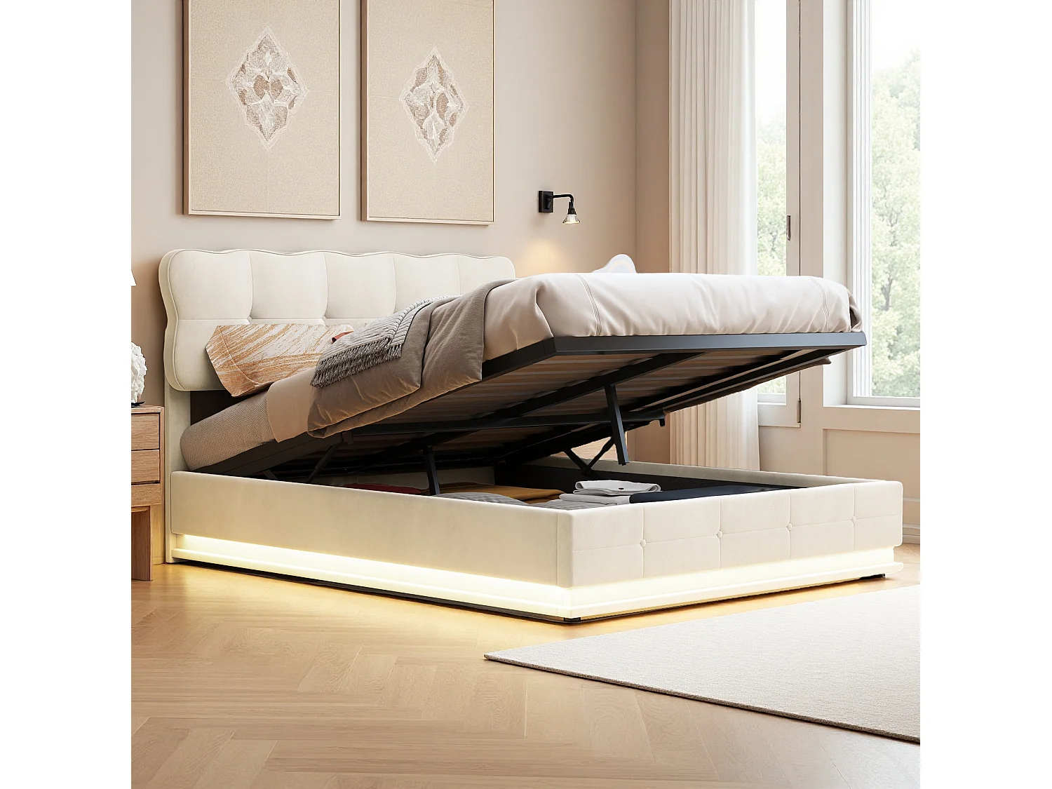 140x200 Bed met opbergruimte in de basis, tweepersoonsbed met verstelbare ledverlichting, lattenbodem, fluweel, beige