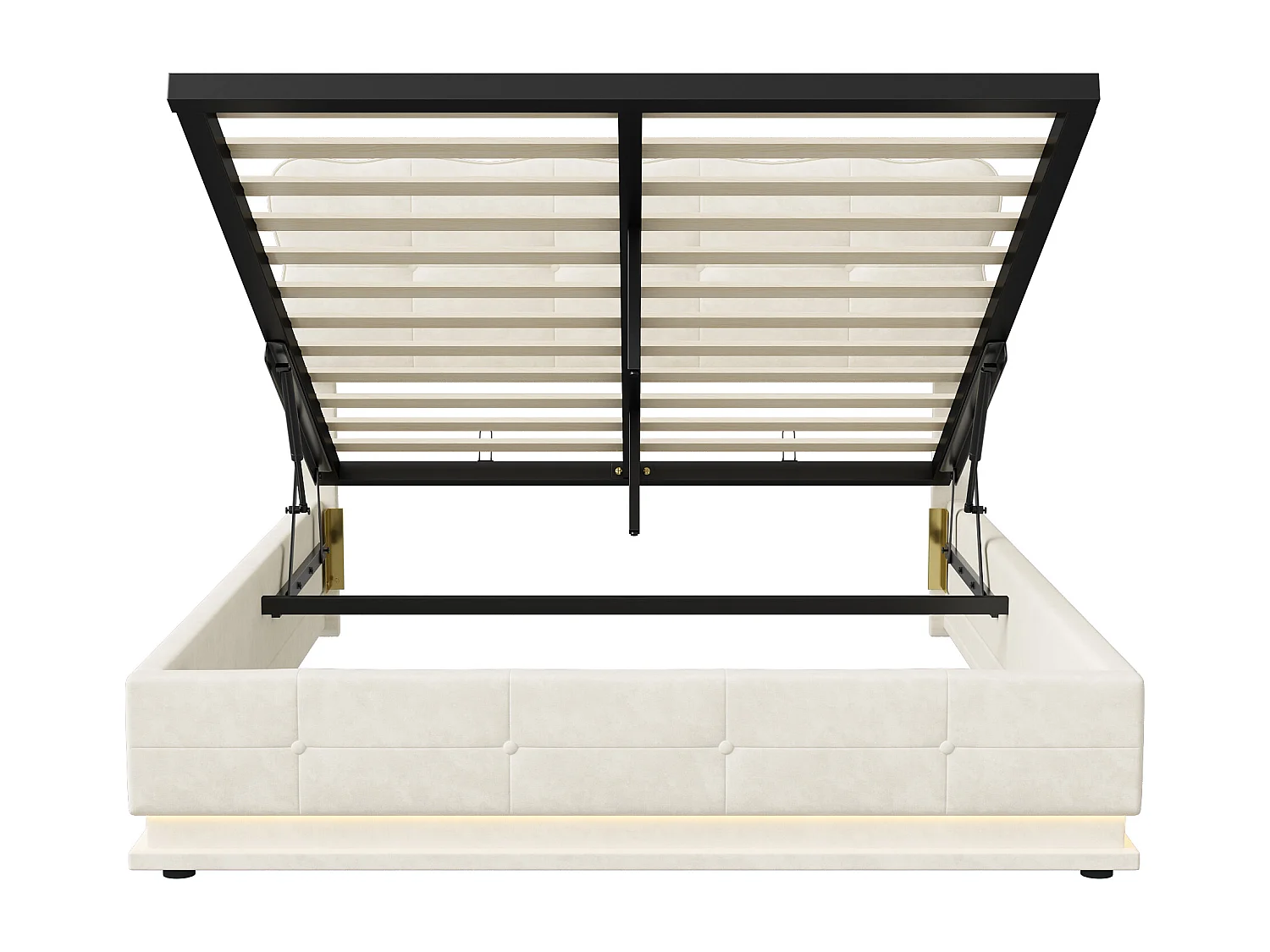 140x200 Bed met opbergruimte in de basis, tweepersoonsbed met verstelbare ledverlichting, lattenbodem, fluweel, beige