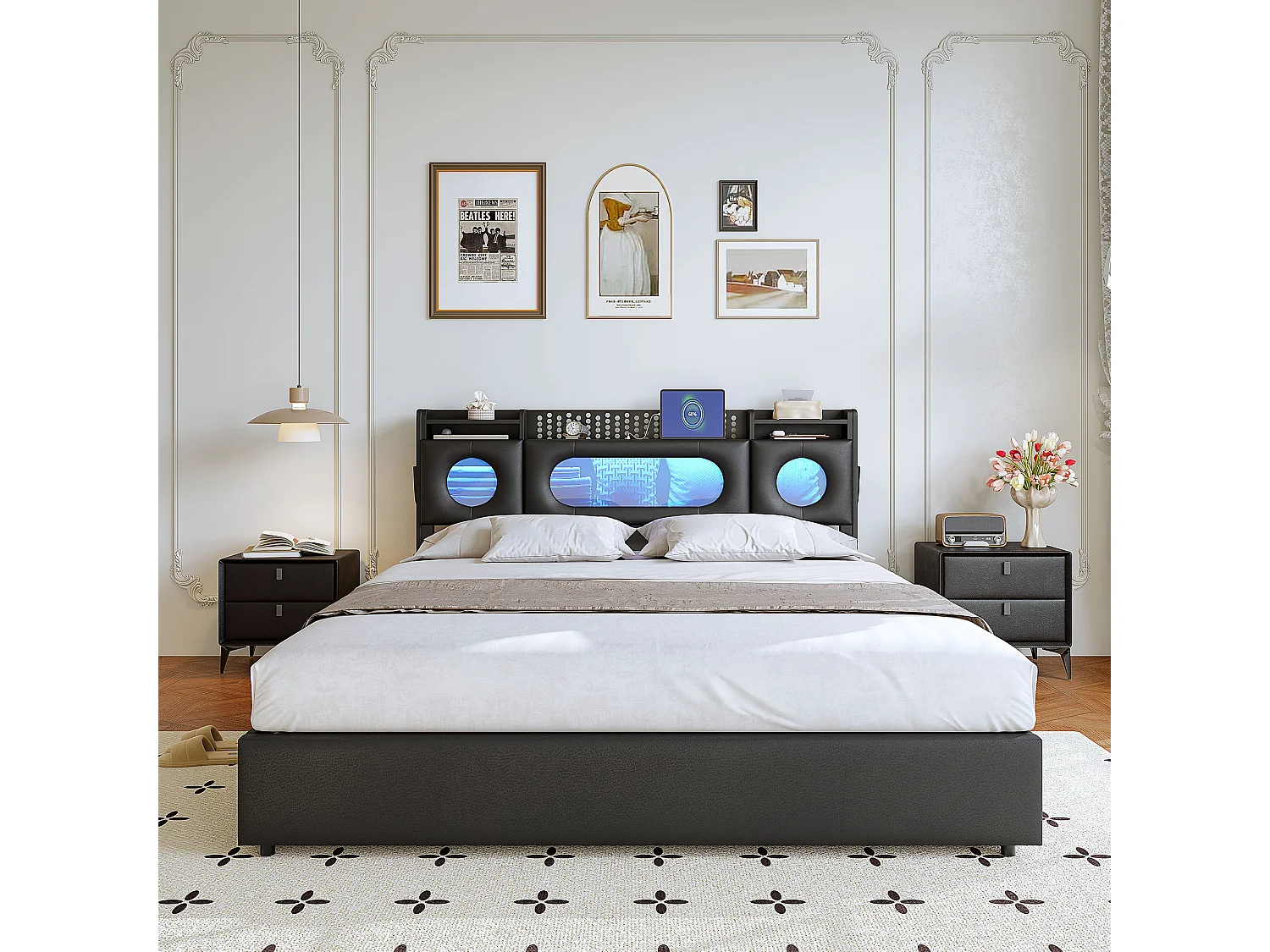 Letto 160x200 con rete a doghe LED, contenitore per la testiera e porta USB, finestra in acrilico, PU, nero