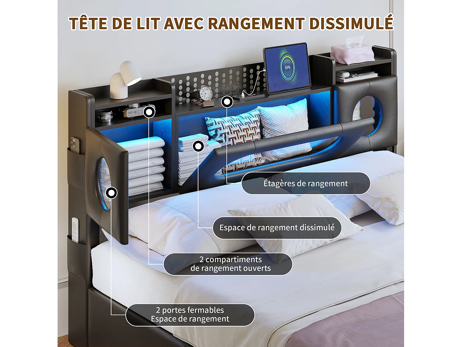 Letto 160x200 con rete a doghe LED, contenitore per la testiera e porta USB, finestra in acrilico, PU, nero