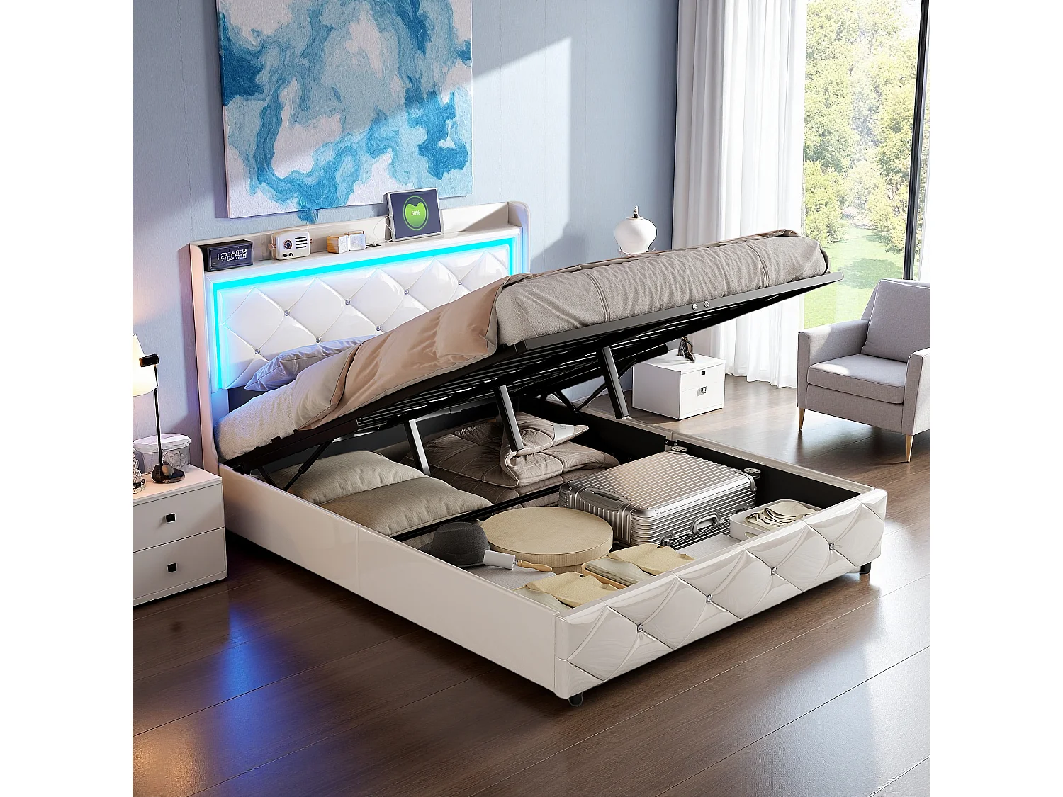 Lit double rembourré, 160 x 200 cm, avec LED, compartiment de rangement hydraulique, avec sommier à lattes, tête de lit réglable, sans matelas, beige