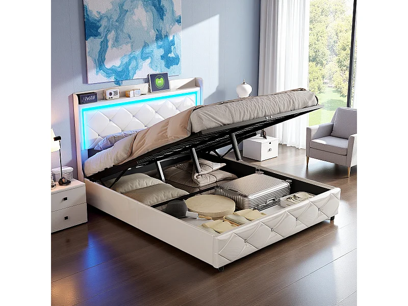 Cama de 160 x 200 cm con almacenaje, carga USB y tipo C, iluminación LED, cama doble con somier de láminas, piel sintética, color blanco