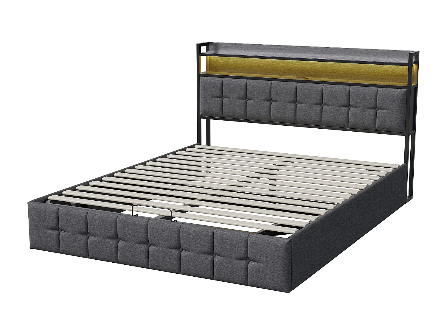 Doppelbett 140 x 190 cm, 2-Personen-Bett mit LED-Beleuchtung und USB-Anschluss, Polsterbett mit Lattenrost, Grau