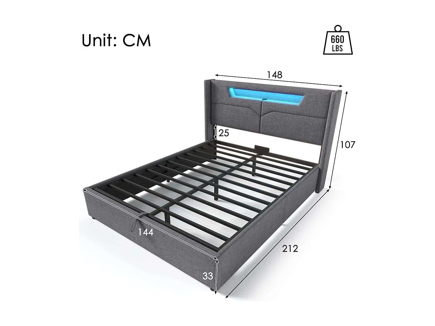 Lit Coffre 140 x 200, avec Sommier et éclairage LED, avec Rangement et Tête de Lits Capitonné, Gris