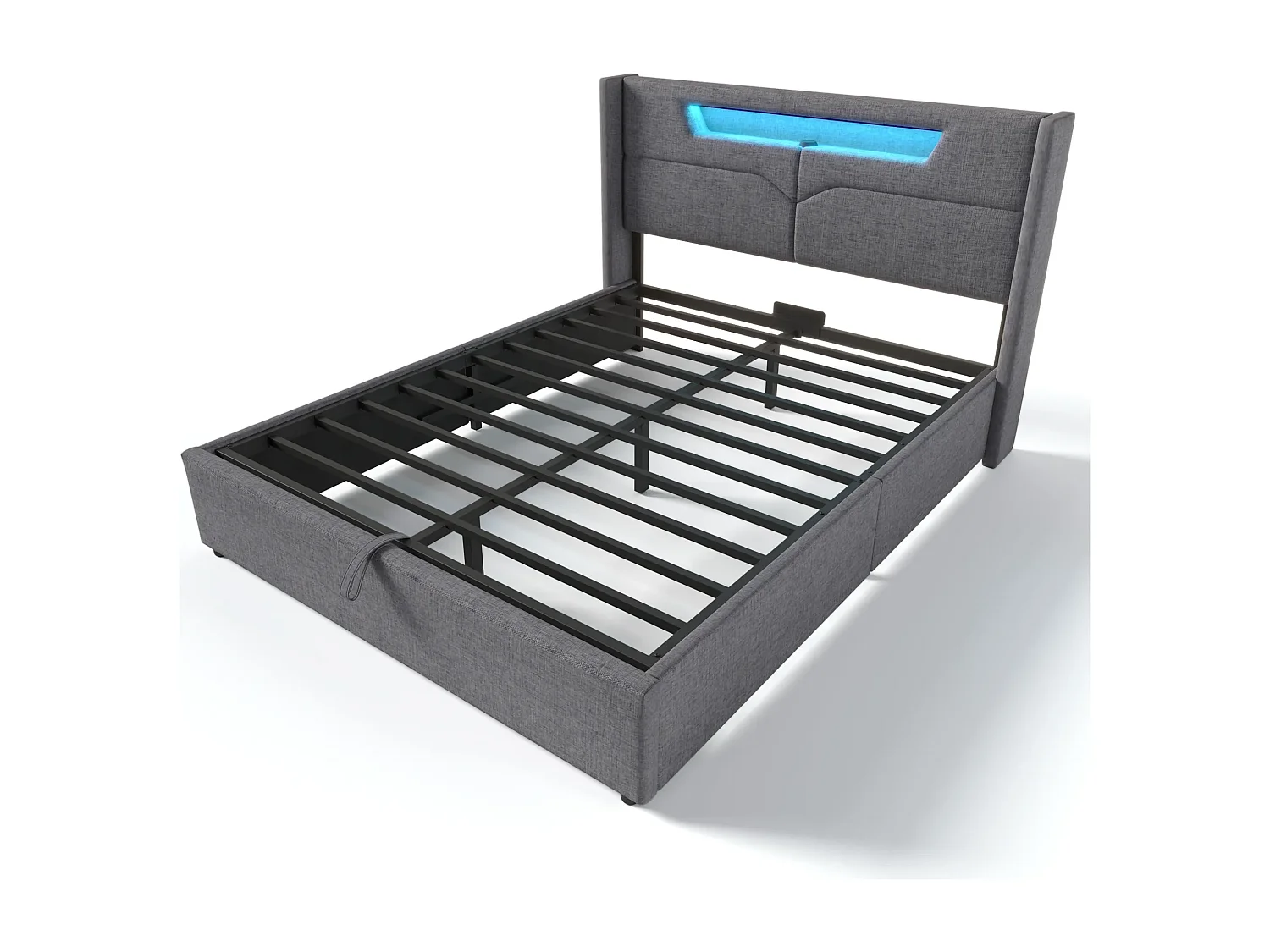 Lit Coffre 140 x 200, avec Sommier et éclairage LED, avec Rangement et Tête de Lits Capitonné, Gris