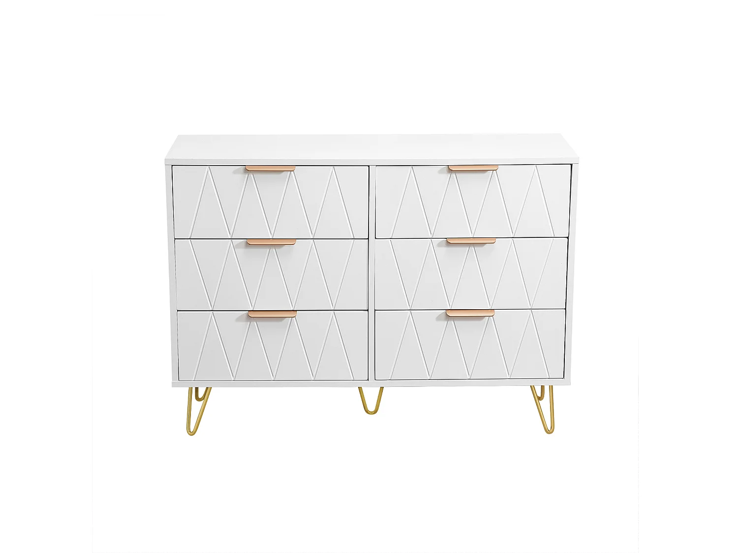 Commode à 6 tiroirs avec pieds et poignées dorés, meuble de rangement blanc pour la chambre, 100 x 34 x 72,5 cm