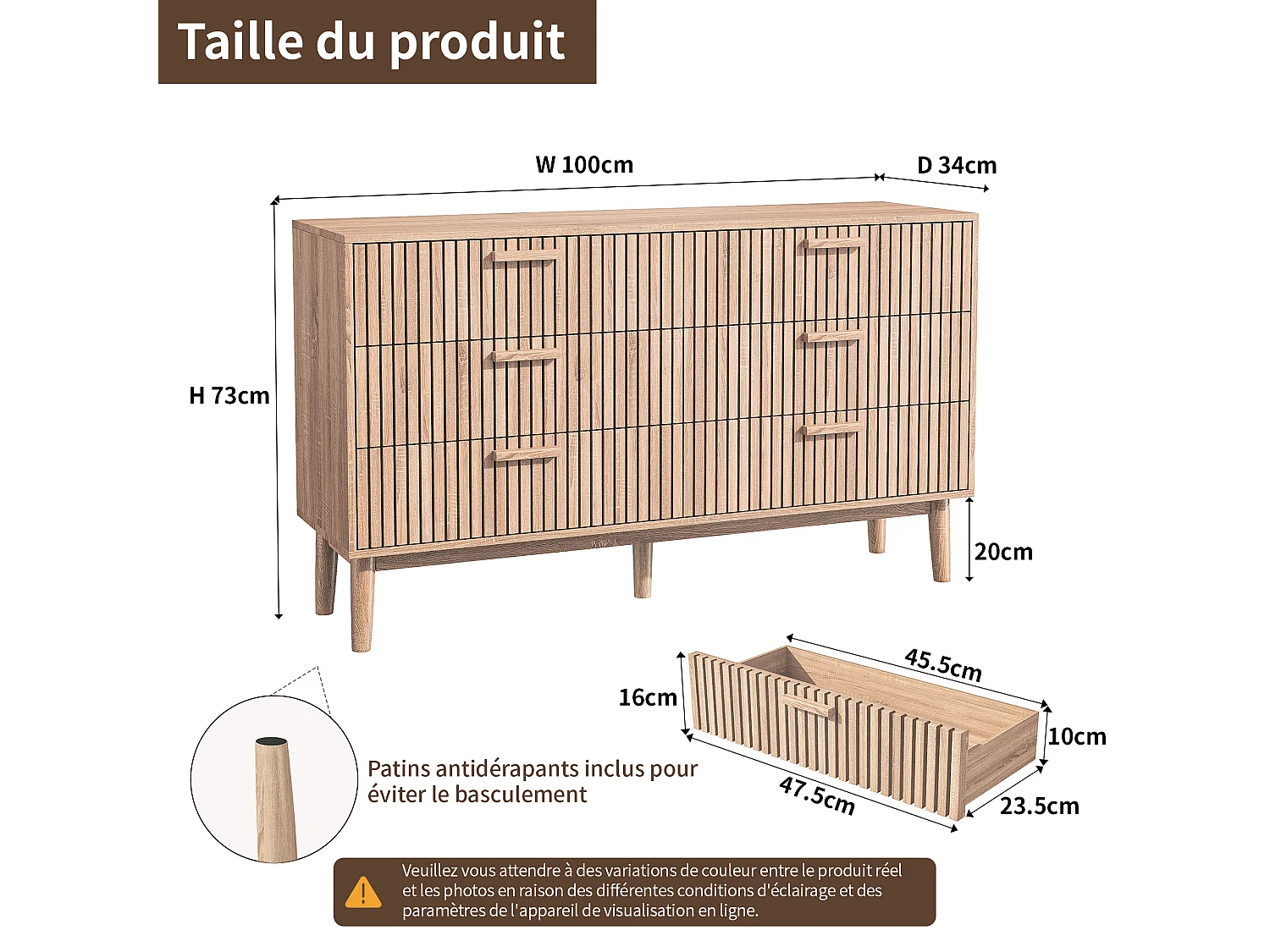 Commode à 6 tiroirs, avec poignée en bois et pieds de support, pour couloir, salon, couleur bois