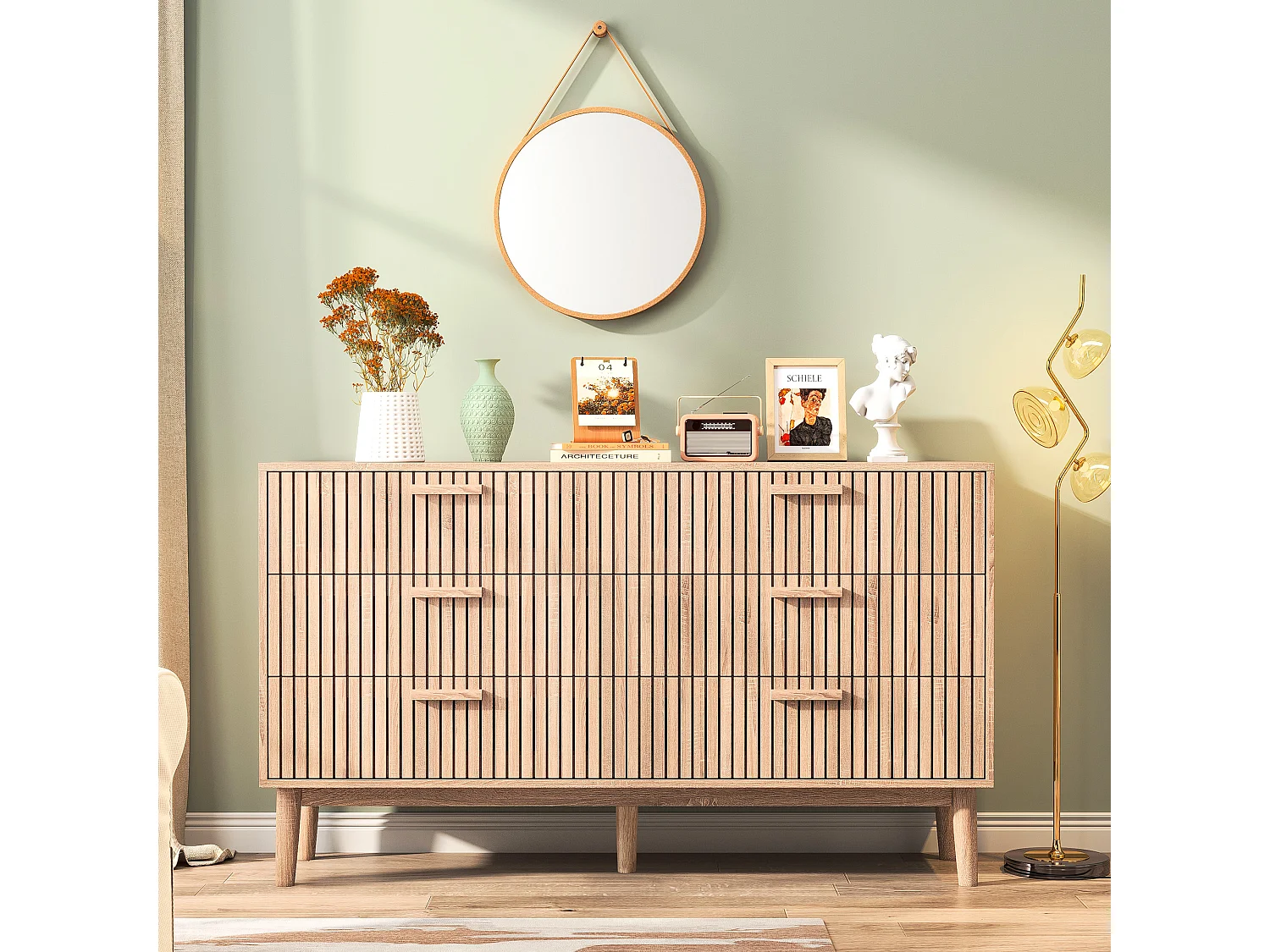 Commode à 6 tiroirs, avec poignée en bois et pieds de support, pour couloir, salon, couleur bois