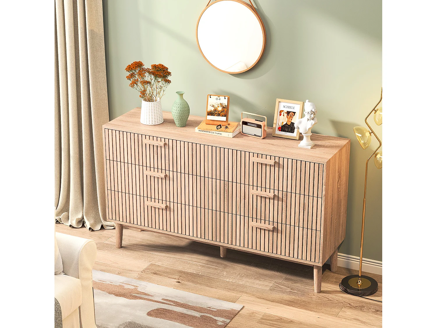 Commode à 6 tiroirs, avec poignée en bois et pieds de support, pour couloir, salon, couleur bois