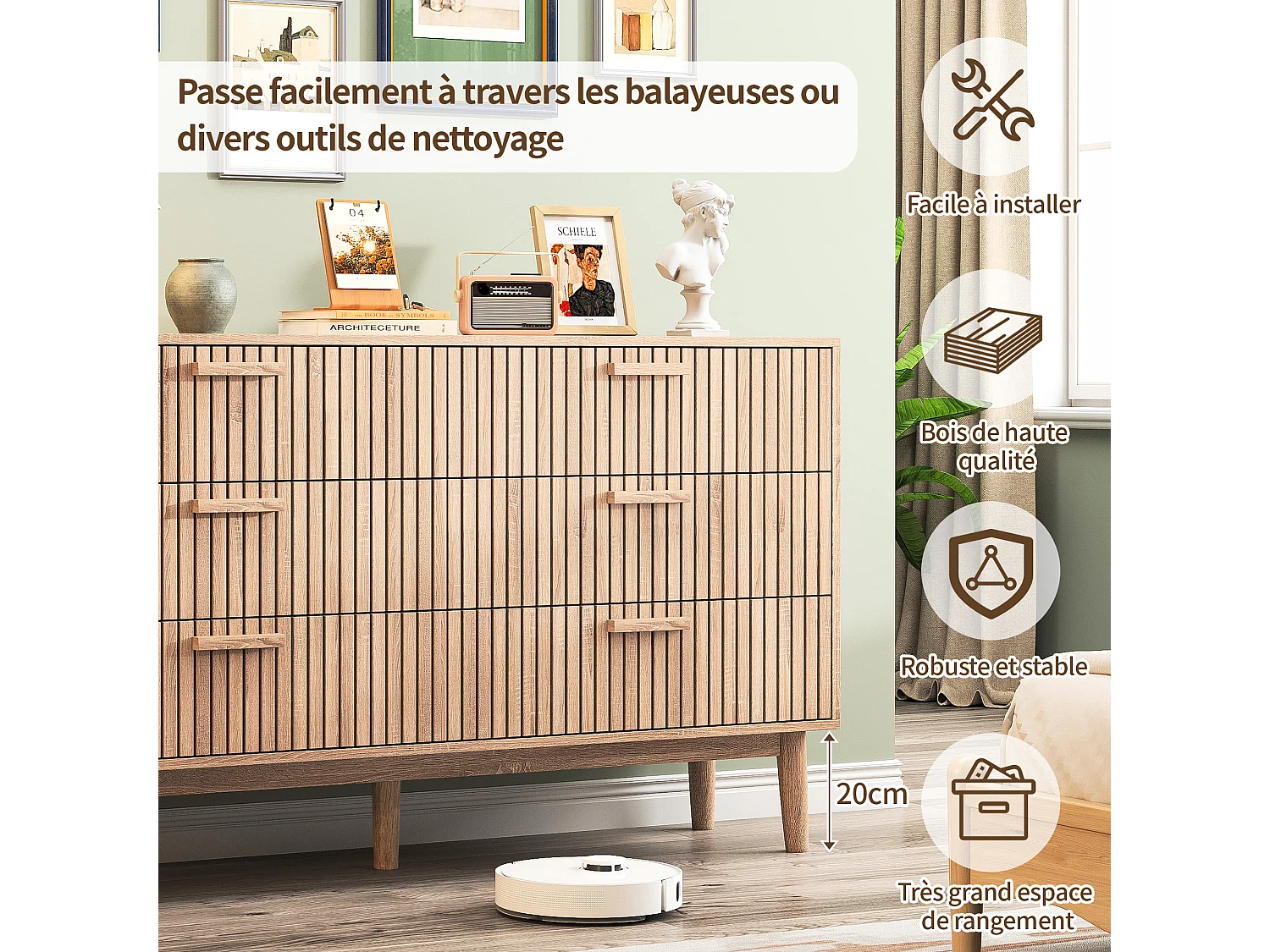 Commode à 6 tiroirs, avec poignée en bois et pieds de support, pour couloir, salon, couleur bois