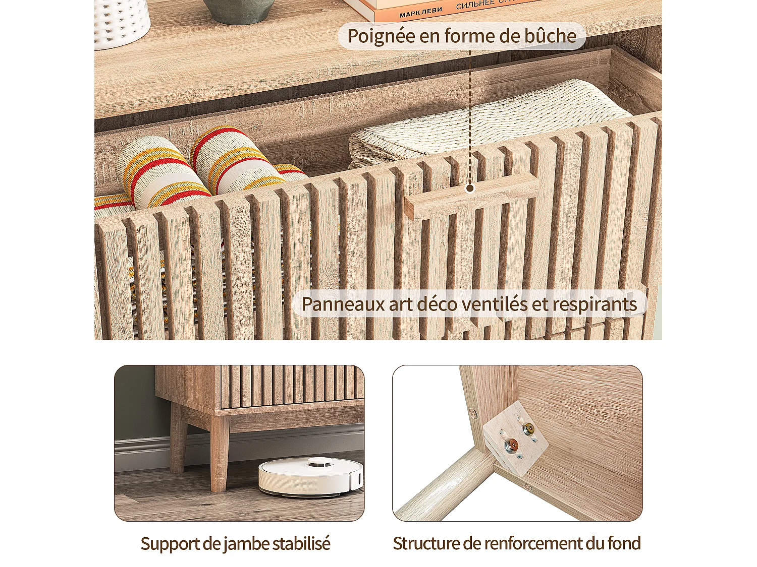 Commode à 6 tiroirs, avec poignée en bois et pieds de support, pour couloir, salon, couleur bois