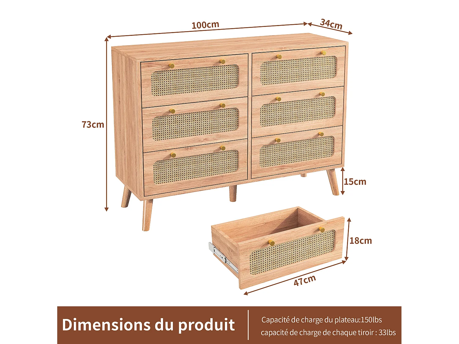 Commode 6 tiroirs, Commode Chambre, Meuble de Rangement en Bois et rotin, pour Salon, Chambre, bois
