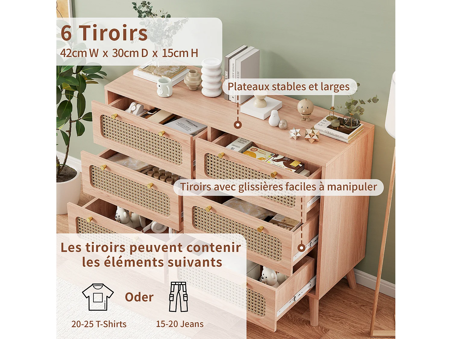 Cômoda com 6 gavetas, cômoda para quarto, móvel de armazenamento em madeira e rattan, para sala de estar, quarto, madeira