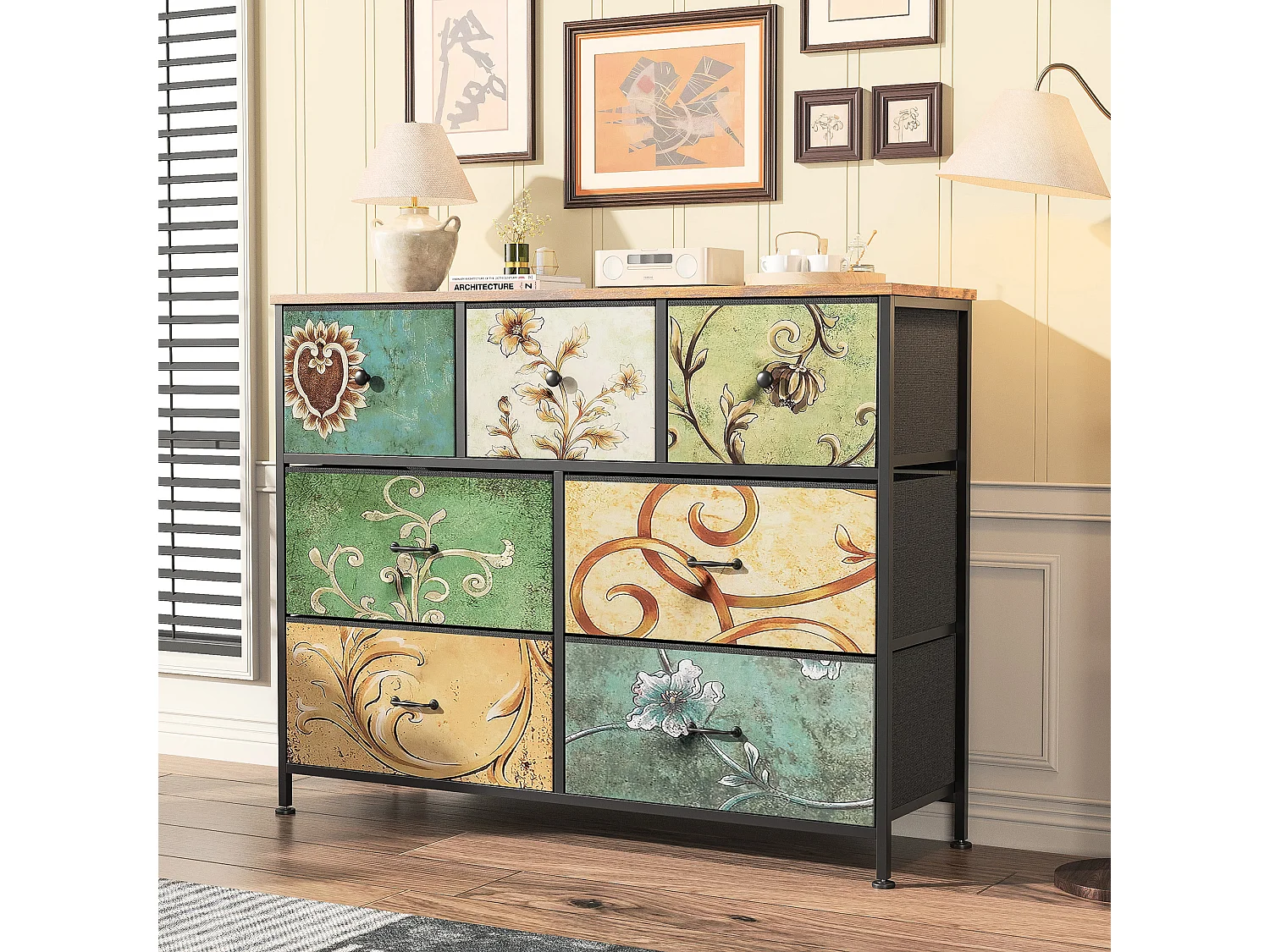 Commode à 7 tiroirs, coiffeuse bohème avec plateau en bois, tiroirs en tissu, structure en métal