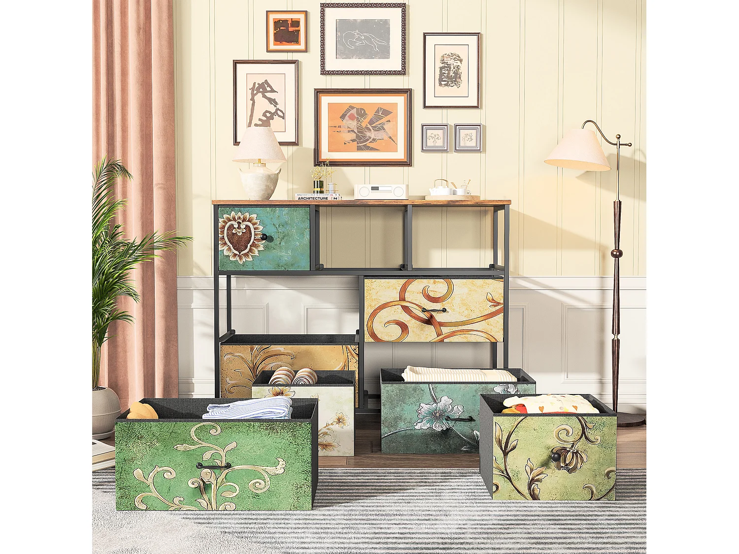 Commode à 7 tiroirs, coiffeuse bohème avec plateau en bois, tiroirs en tissu, structure en métal