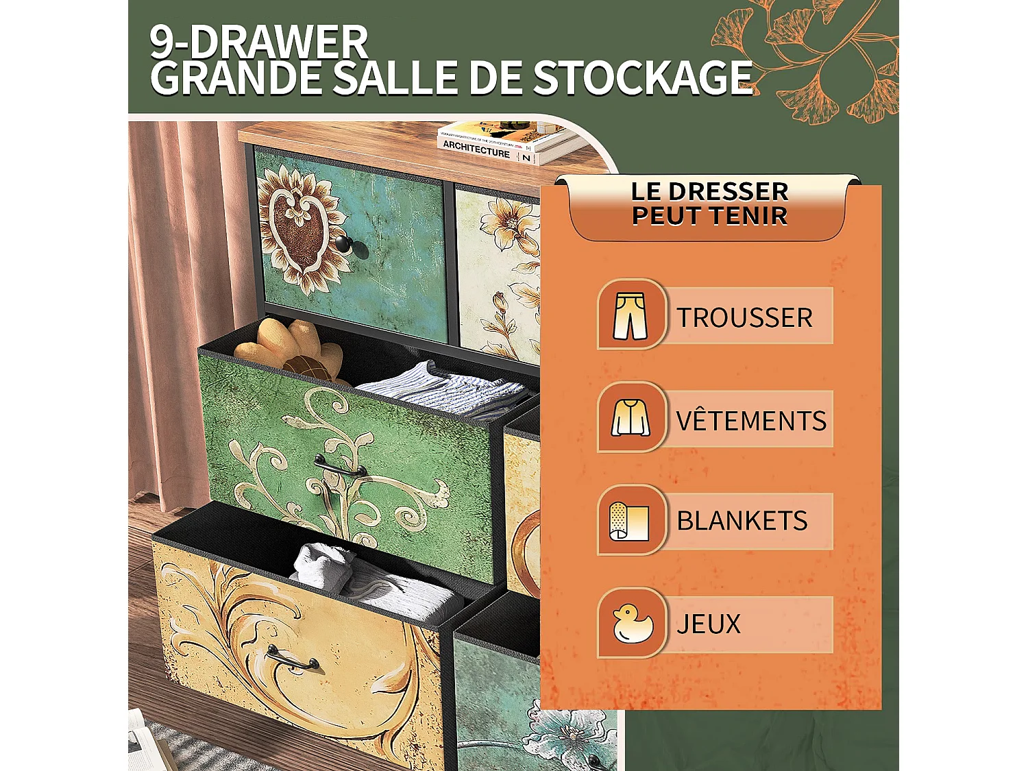 Commode à 7 tiroirs, coiffeuse bohème avec plateau en bois, tiroirs en tissu, structure en métal