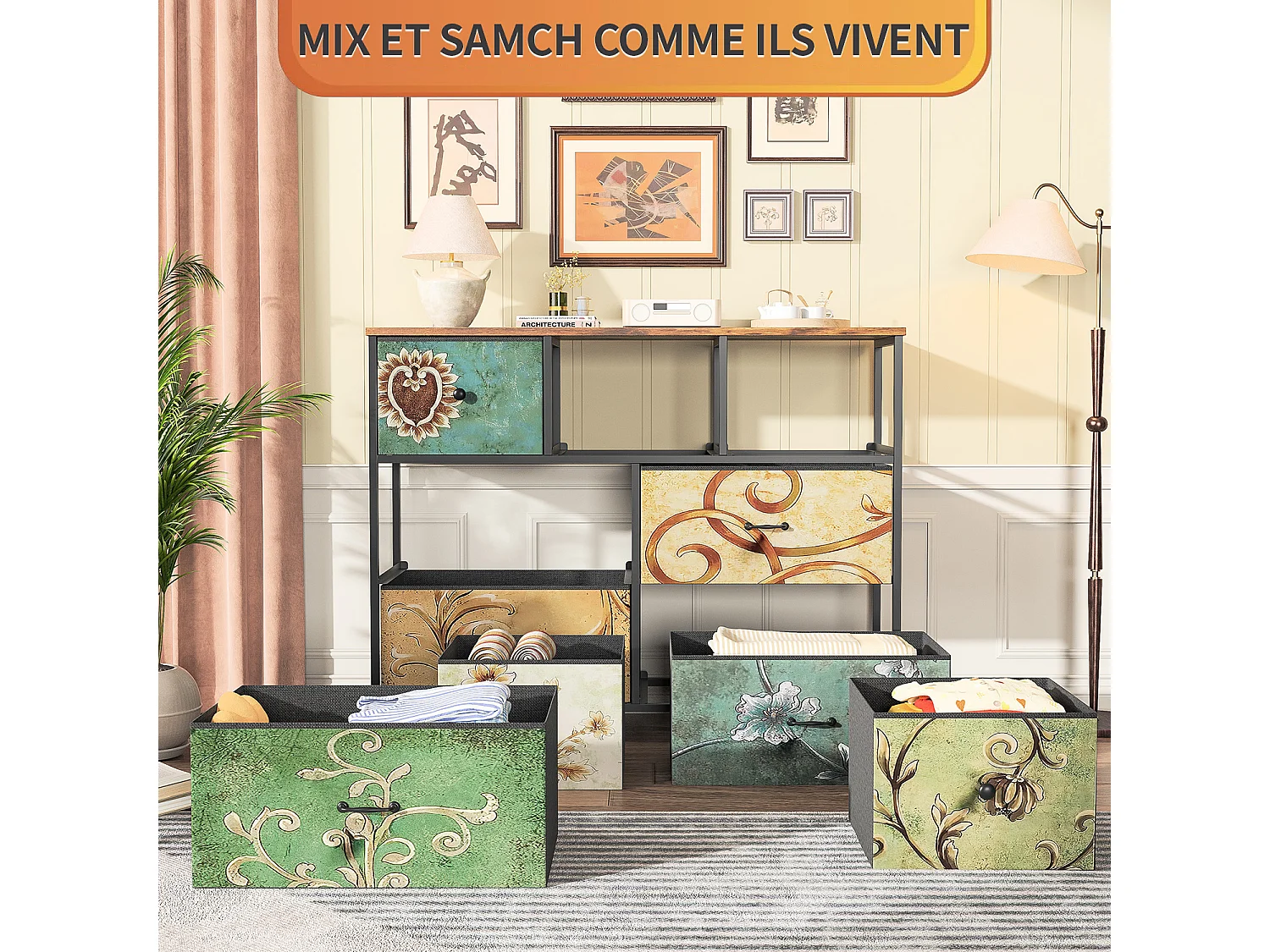 Commode à 7 tiroirs, coiffeuse bohème avec plateau en bois, tiroirs en tissu, structure en métal