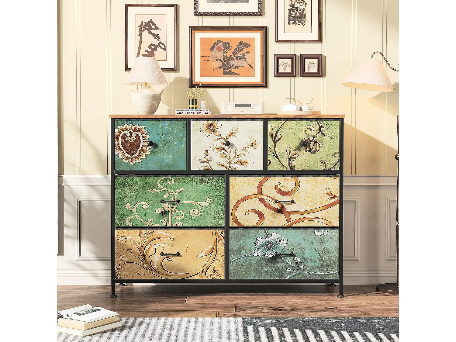 Commode à 7 tiroirs, coiffeuse bohème avec plateau en bois, tiroirs en tissu, structure en métal